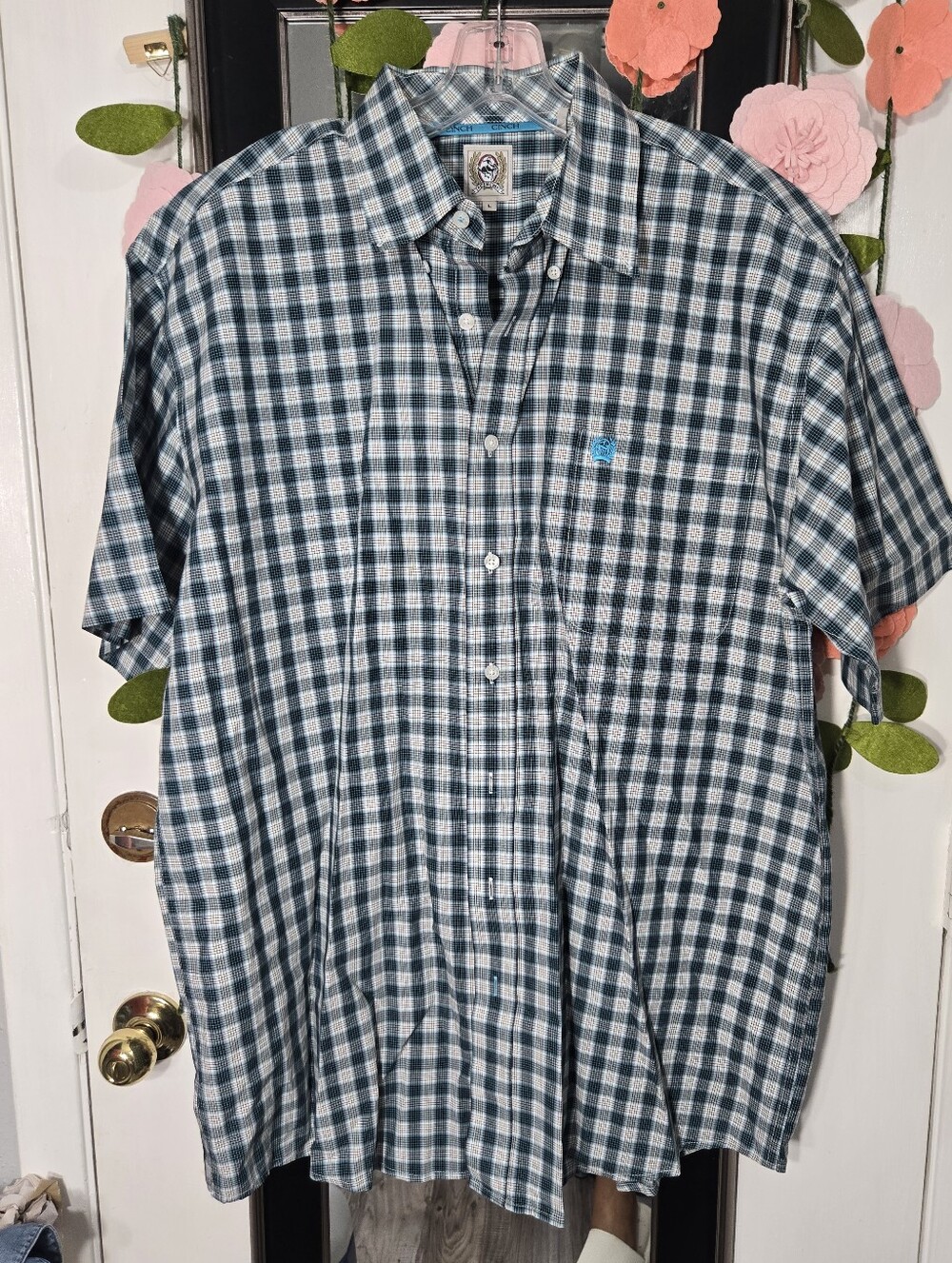 Cinch Mwn's Button Up Shirt Short Sleeve Plaid Sz Large Blue/beige